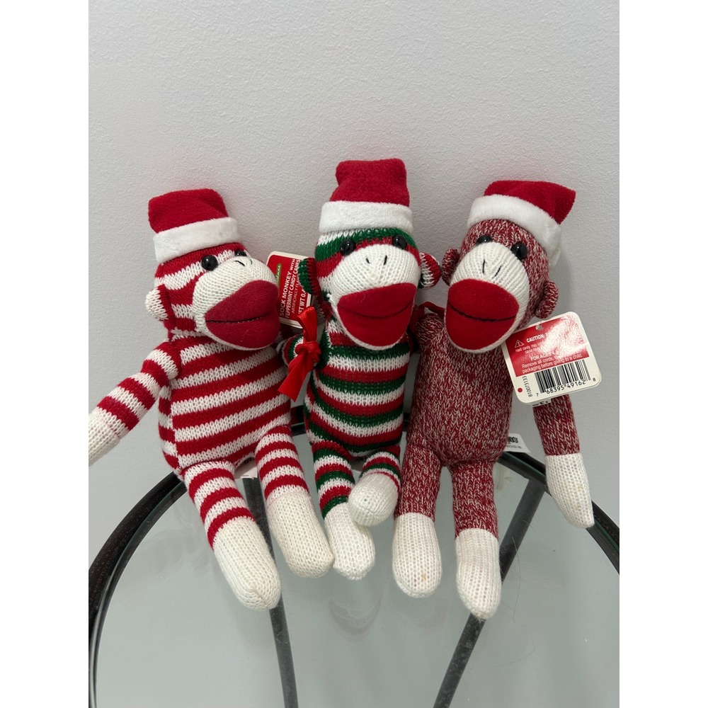 Galerie Christmas Sock Monkey Plush Set of 3 Holiday Knit Red Green Striped 9in